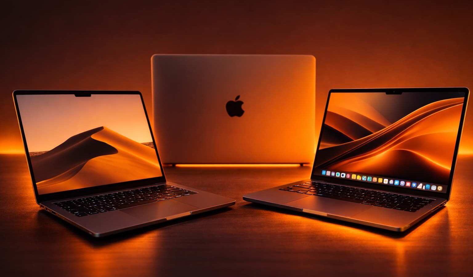 Three modern laptops on a desk with warm orange lighting