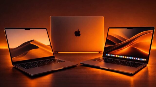 Three modern laptops on a desk with warm orange lighting